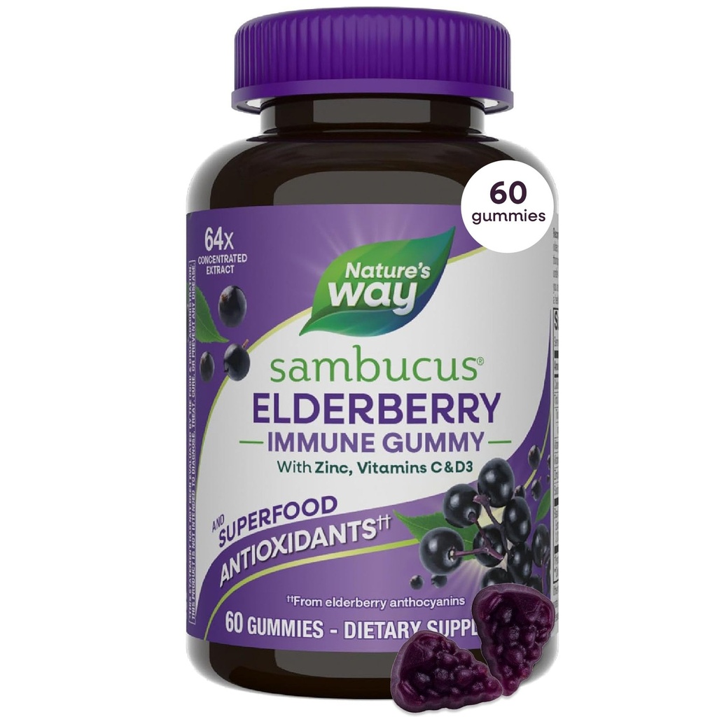 Natures Way Sambucus Elderberry Immune Support Gumies for Kids & Adults* with Black Elderberry Extract, Vitamín C, Vitamín D3 a Zinok, 60 Gumies (Backaging May Vary)