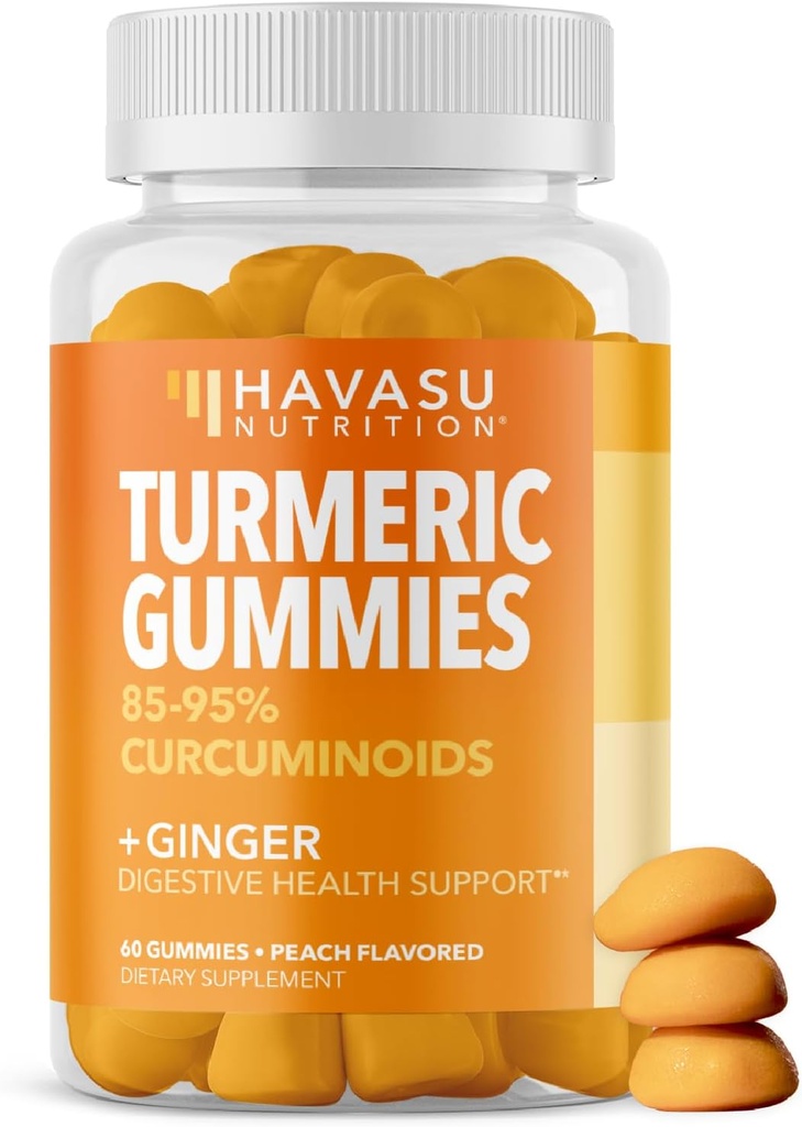 Turmeric Gummies with Ginger and 95% Curcuminoids - Digestive Health and Immune Support Supplement for Overall Wellness - 60 Count - Vegan, Non-GMO Curcumin Vitamin - Peach Flavor, 1 Month Supply