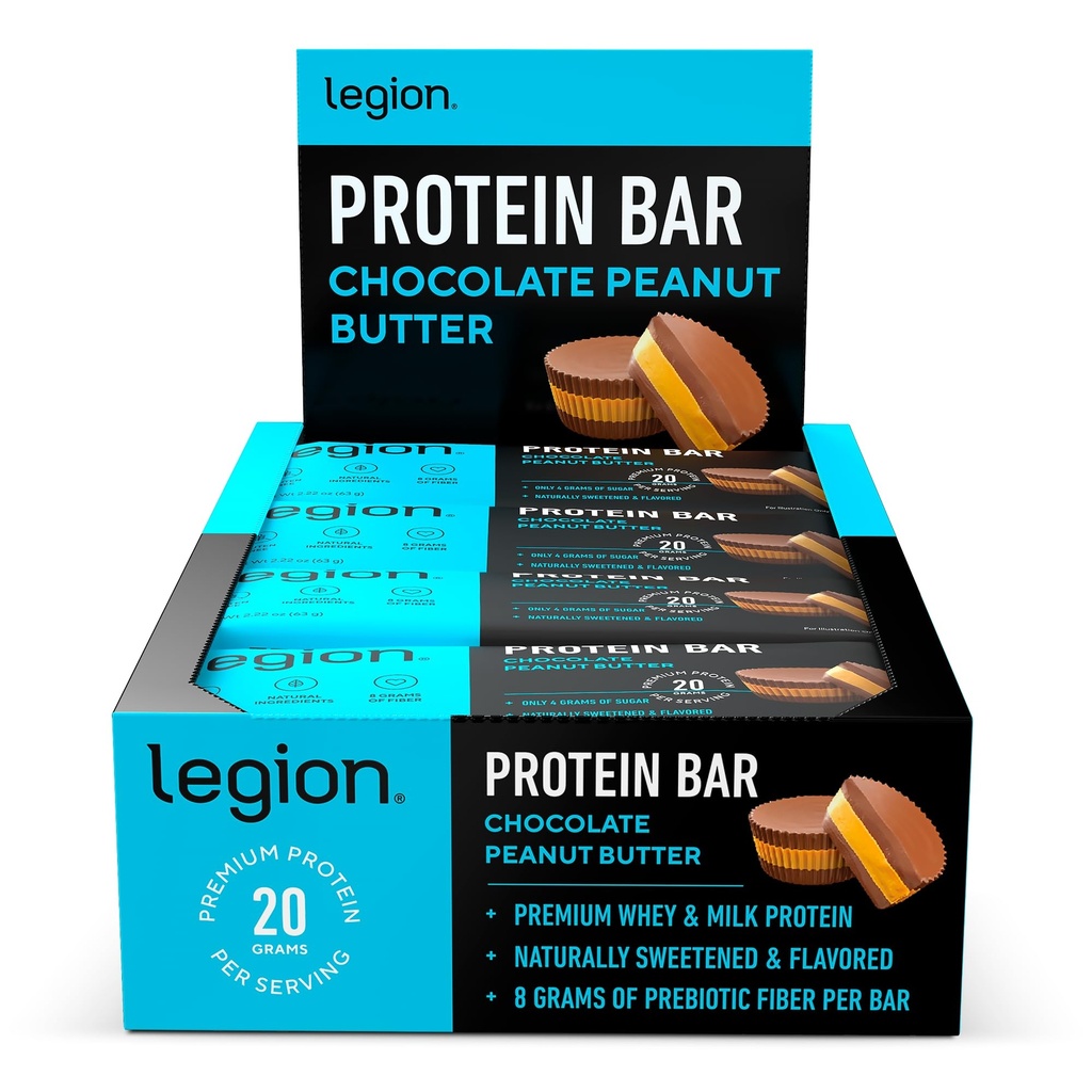 Legion Protein Bar Čokoláda Arašidové maslo -100% Srvátkový proteín, Pečené tyčinky s prebiotickými vláknami - vysoký proteín (20g) Nízky tuk (12g) Nízky cukor (4g), No Soy, Gluten - Prírodné príchute (12 g)