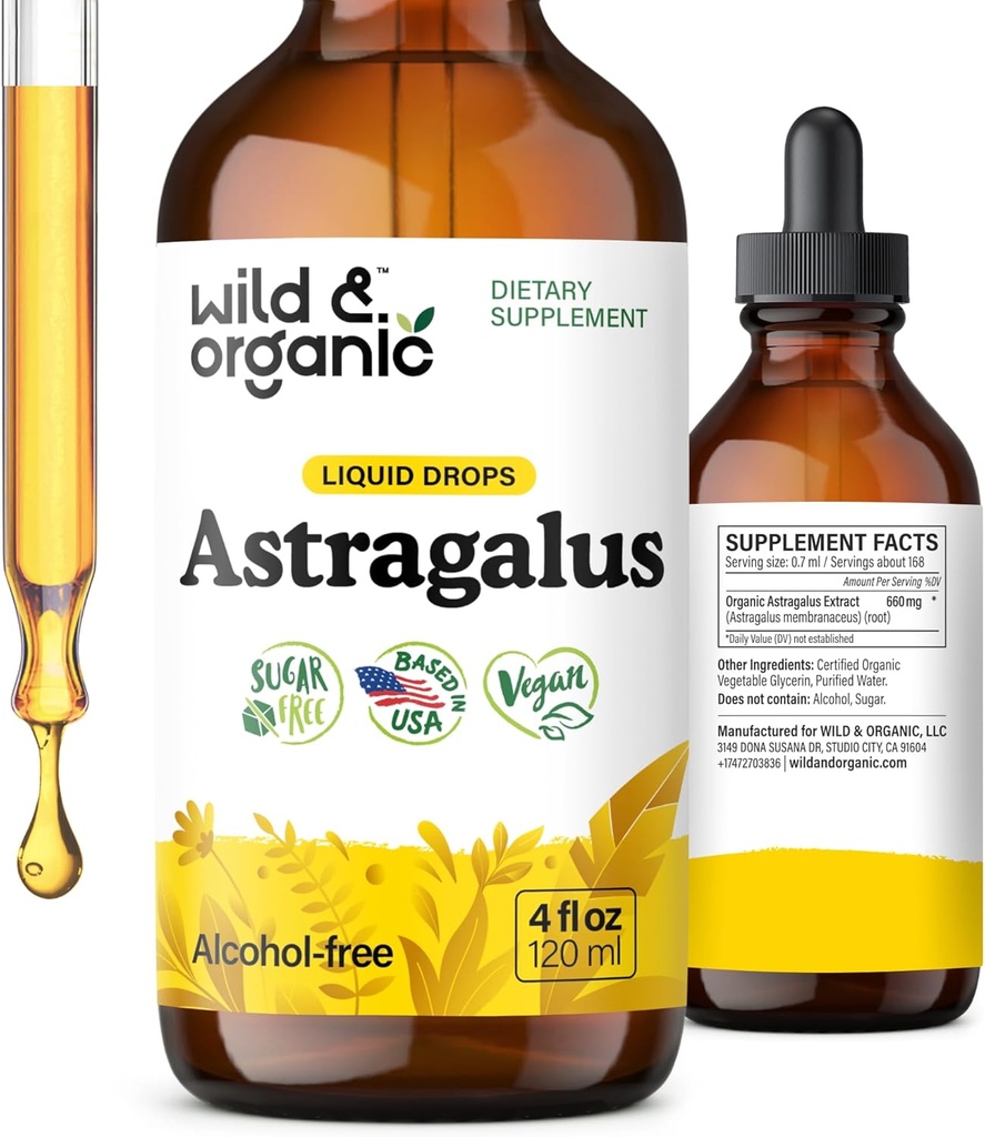 Wild & Organic Astragalus Tincture - Immune Support Supplement w/Astragalus Root Extract - Vegan Tincture for Immunity - Sugar & Alcohol-Free Drops - 4 fl oz