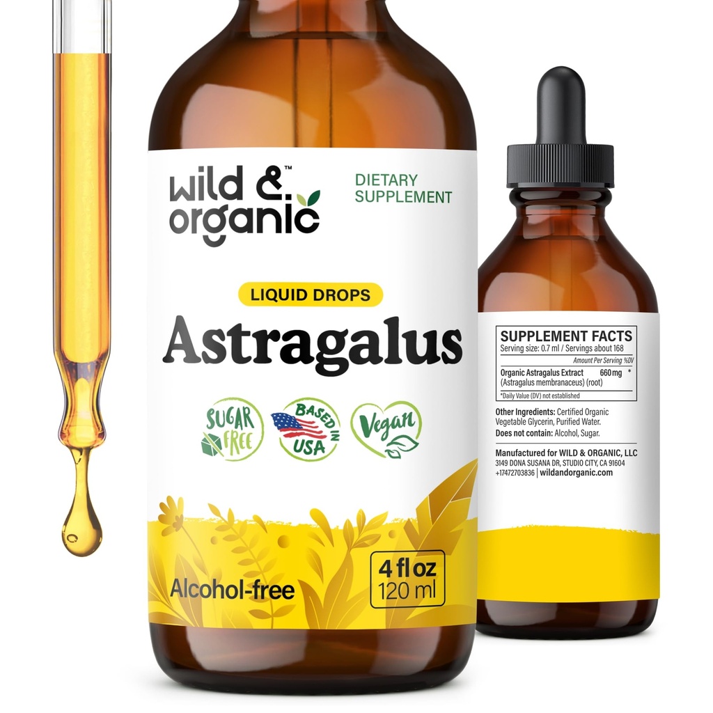 Wild & Organic Astragalus Tinture - Immune Support Supplement w/Astragalus Root Extract - Vegan Tinktúra pre imunitu - Cukor a kvapky bez alkoholu - 4 fl oz