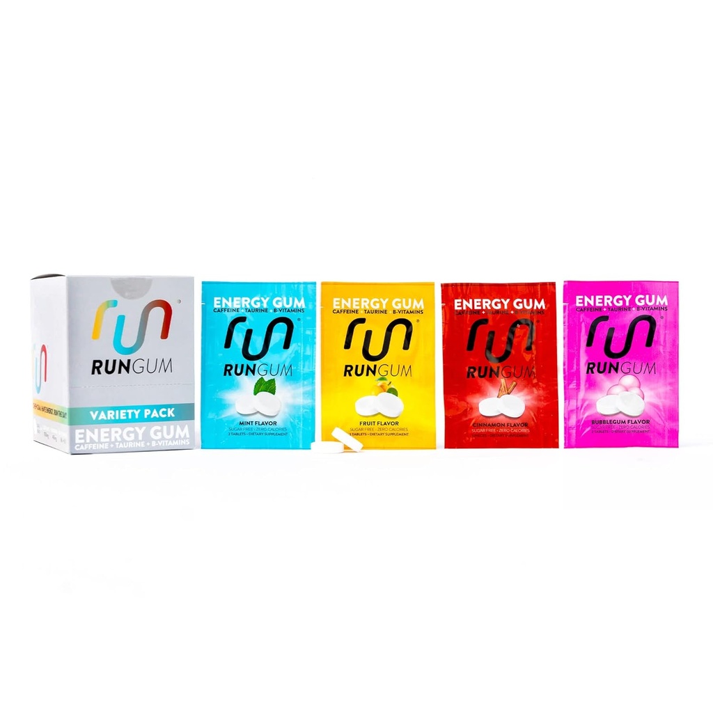 RUN GUM Variety PackEnergy Chewing Gum 50mg Caffeine Taurine & B- Vitamins Per Piece, 24 Pieces (Pack of 12) Sugar Free, Zero Calorie, No Aspartame, and Gluten Free