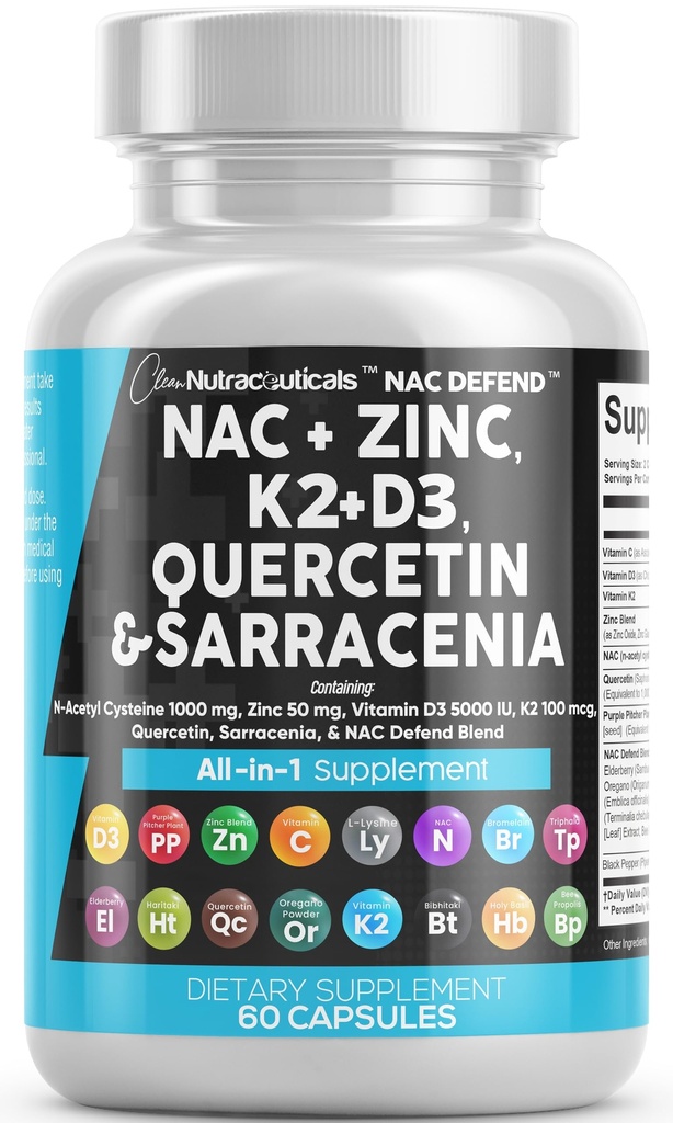 NAC Supplement N-Acetyl Cysteine Vitamín D3 K2 Zinok Quercetin Sarracenia Purpurea Immune Support 