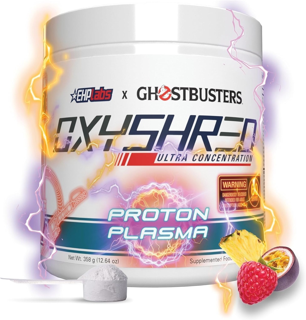 EHP Labs x Ghostbusters OxyShred Pred cvičením prášok a skarding doplnok - Powder preworkout s Acetyl L karnitín, Energy Boost Drink - Proton Plazma, 60 Servings