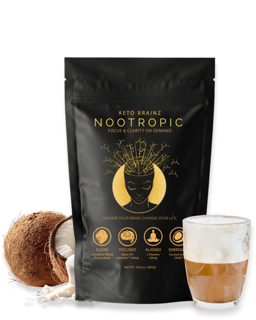 Keto Brainz C8MCT Based Nootropic - s 500mg Lion's Mane Mushroom, AlphaGPC & L-Theanine Toto je Ultimate Easy to use noottropic Stack & Makes Delicious Mushroom Coffee! 16oz. 30 Služba
