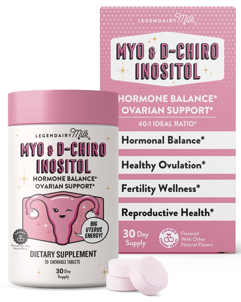 Legendairy Milk Pure Inositol Chewable Tablety - Myo-Inozitol & D-Chiro Supplement for Hormonal Balance & Fertility Support - Ideálny pomer 40:1 - 30 dní