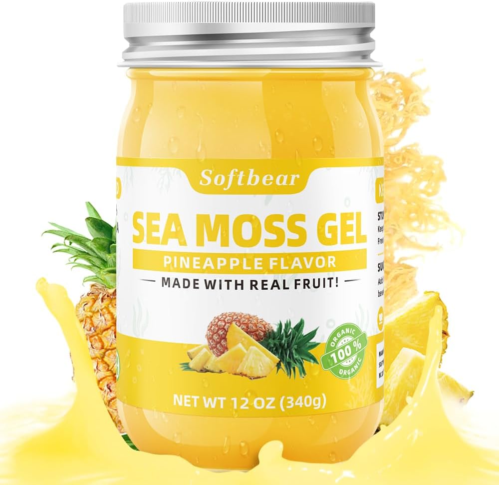 softbear Sea Moss Gel Ananás Ochutený 12 OZ - Wildcrafted Irish Sea Moss Gel Organic Raw 92 Minerály a vitamíny Non-GMO Gluten-Free Vegan Doplnky Immune Thyroid Digestive Podpora