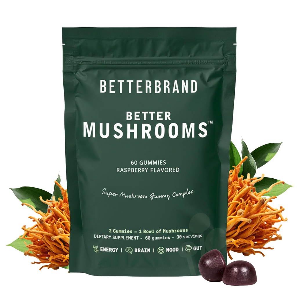 Betterbrand BetterMushrooms Nootropic Gummies - podporuje lepšie zdravie Gut, kognitívne funkcie, duševné jasnosť s 10 Funkčné huby - 60 Gumies - Malinová príchuť - Balenie 1