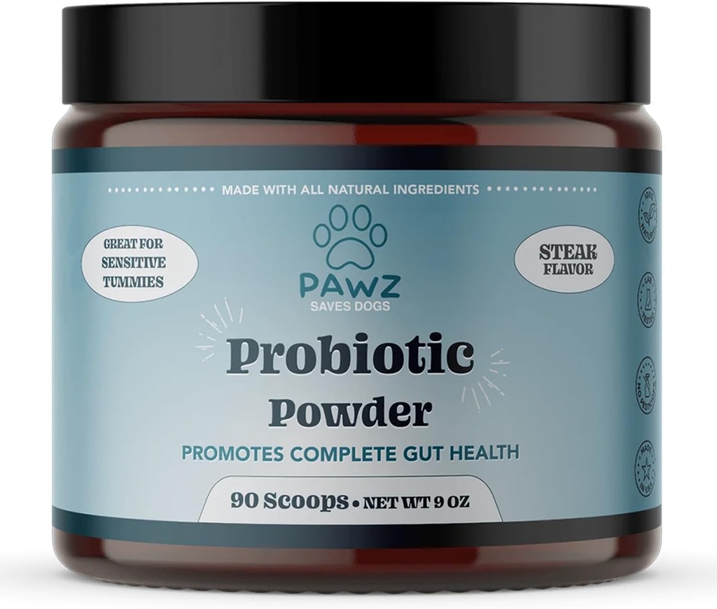 PAWZ probiotický prášok pre psy - 90 Scoops Steak Flavor - Podporuje zdravie a trávenie Gut - Probiotiká Supplement Support Immune System & Coat Health - Vhodné pre všetky typy psov