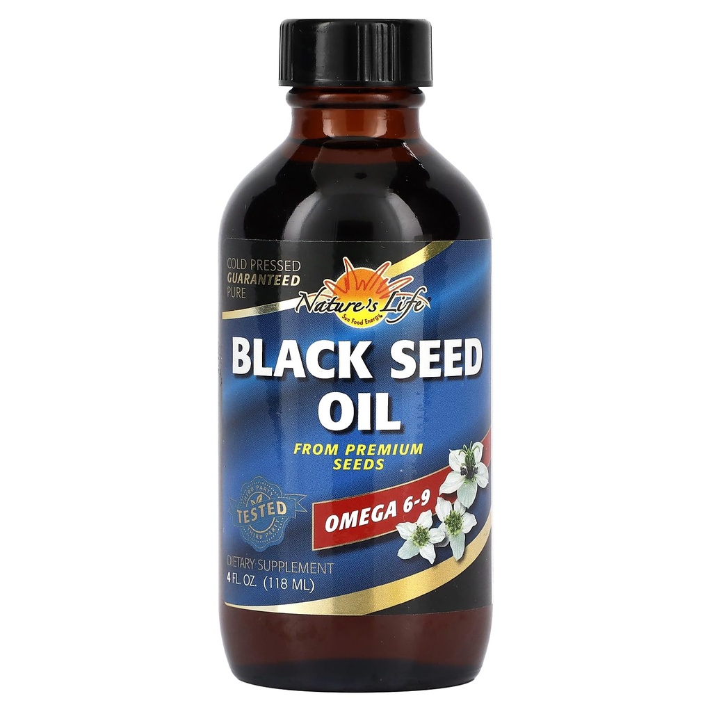 Natures Life Black Seed Oil, Cold-Pressed Black Cumin Seed Oil - Joint, Tráviace zdravie, a imunitná podpora - Lab Overené, 60-Day Záruka vrátenia peňazí - 23 Servings, 4 Fl. Oz.