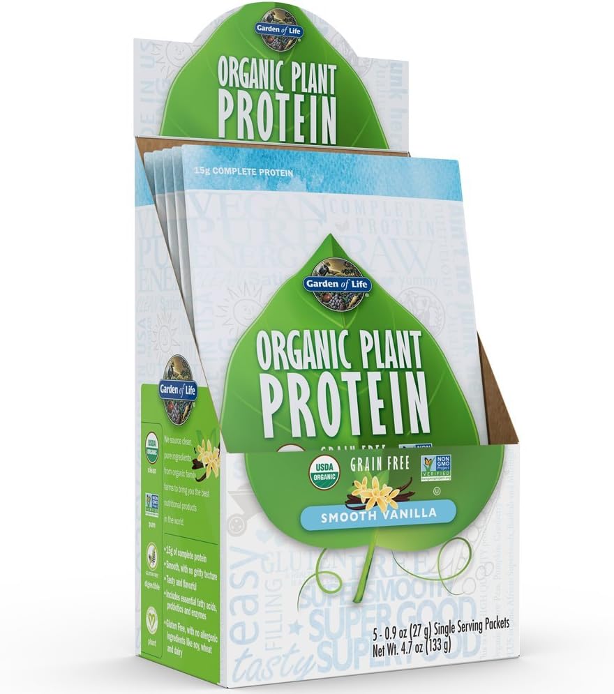 Záhrada života Organic Plant Protein Hladký Vanilkový prášok - Single Serving Pakets (5-Pack) - Vegan, Grain Free & Gluten Free Plant Based Protein Pretrepať s 1B CFU probiotikami a enzýmami, 15g proteínom