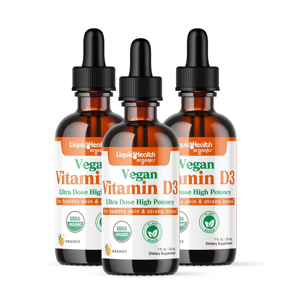 Vitamín D3 4000 IU, USDA Organic Vitamín D Tekuté kvapky pre dospelých a deti, Vegánsky vitamín D na podporu imunitného systému, zdravie kostí, podpora nálady, zdravá koža - vyrobené v USA (3 balenia)
