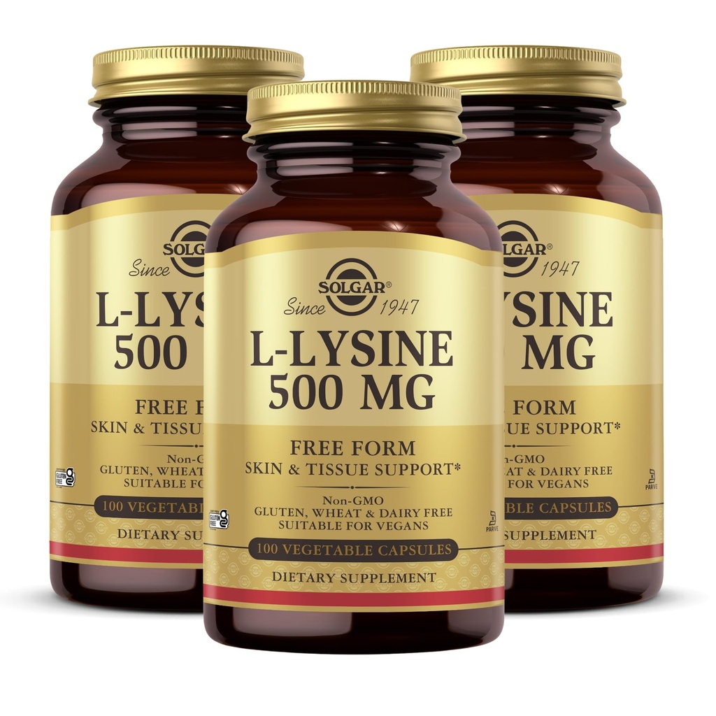 Solgar L-Lysine 500 mg - 100 rastlinných kapsúl, balenie po 3 - Podpora kože a tkaniva - non-GMO, Vegan, Kosher, bez lepku - 300 celkovej služby
