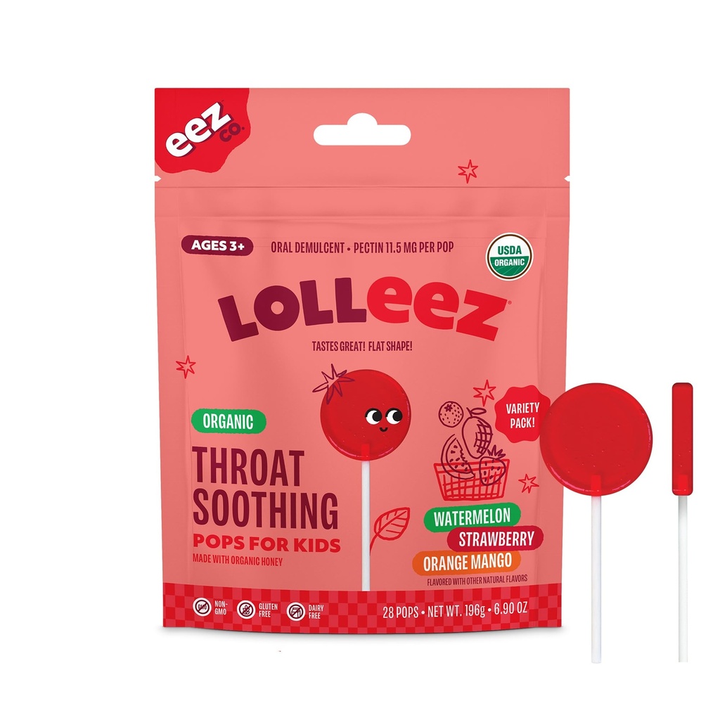 Lolleez Organic Lollipops pre deti Čudné Throat Relief, balíček odrôd ideálny pre upokojujúce bolesti hrdla pri ochutnávaní Veľké, Jahodové, Vodný melón a Orange Mango, 28 Počet