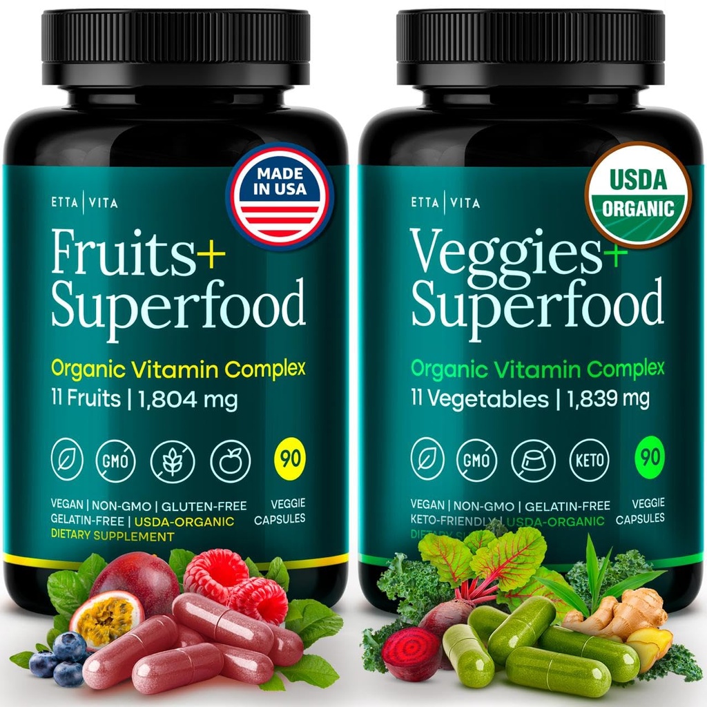 100% Organic Fruits and Veggies Supplement (USDA Organic - Made in USA) 180 Silné ovocie a rastlinné kapsule od Energy Boost & Daily Fruit and Vegan Vitamins - Vegan, Non-GMO, Gluten-Free