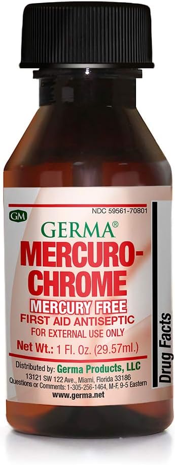Germa Mercuro-chróm Ortuť Bez prvej pomoci Antiseptická kvapalina 1 oz