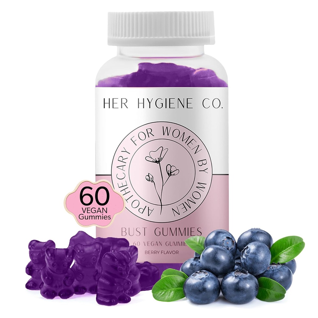 Jej hygiena Co. Chest Support Gumies for Women, Wellness & Confidence, Natural Herbal Blend, Multivitamín pre krivky, Fitness Cvičenie Supplement, Vegan & Non-GMO, Berry Flavor, 60 Count