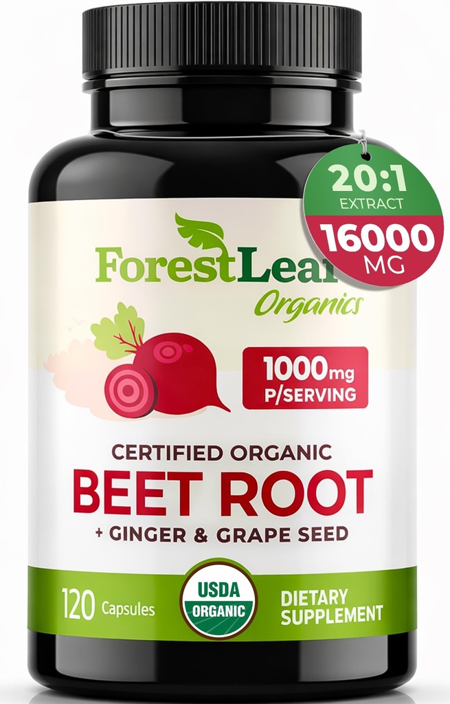 ForestLeaf Organic Beet Root Capsules - Cvikla Supplement 16000mg Sila 20:1 Extrakt Pills w/Ginger Grape Seed