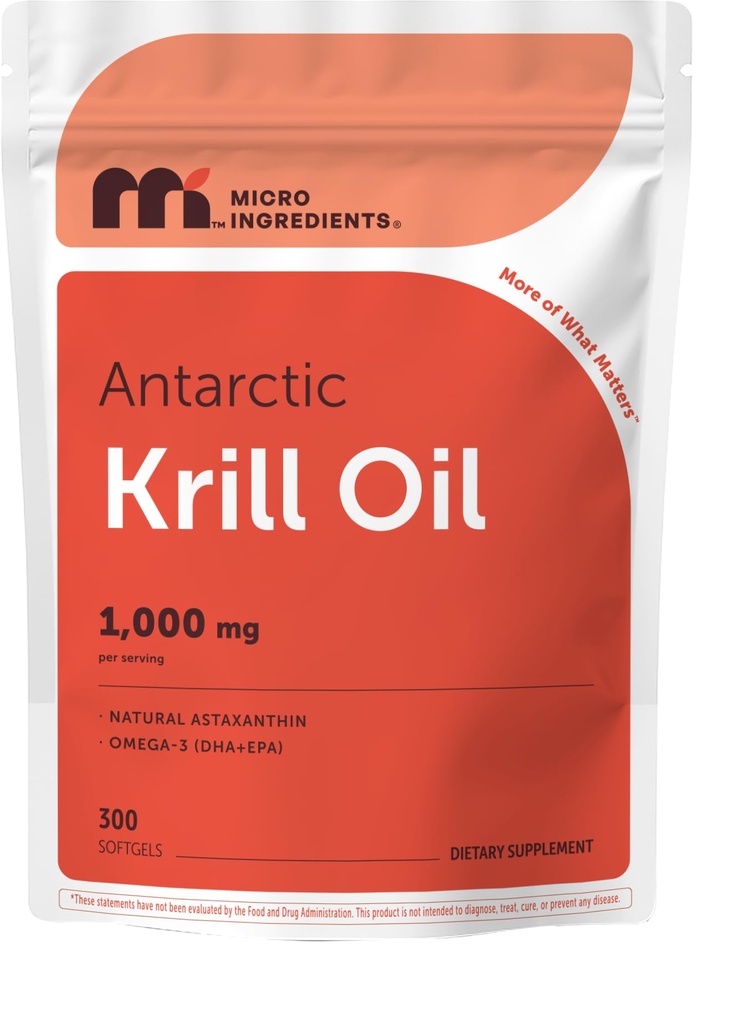 Micro Ingrediencie Antarktída Krill Oil Supplement, 1000mg per Serving, 300 Soft-Gels, Bohaté na Omega-3s EPA, DHA & Natural Astaxantin, podporuje imunitný systém a zdravie mozgu, ľahko prehltnúť