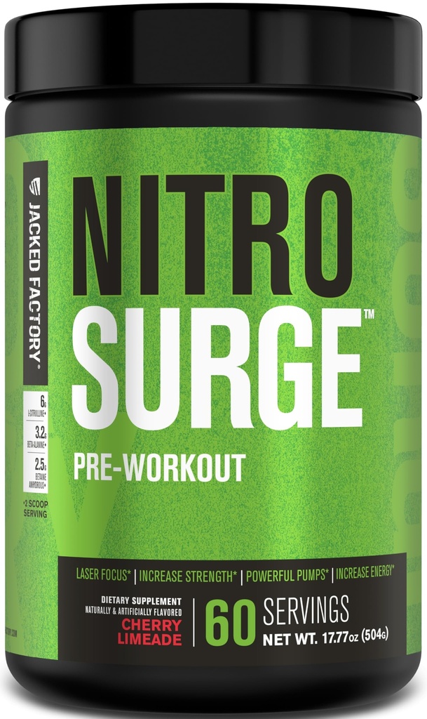 Jacked Factory NITROSURGE Pre Cvičenie Supplement - nekonečná energia, okamžitá sila Zisky, jasné zameranie, intenzívne čerpadlá - NO Booster & Výkonný preworkout Energy Powder - 60 Servings, Cherry Limeade
