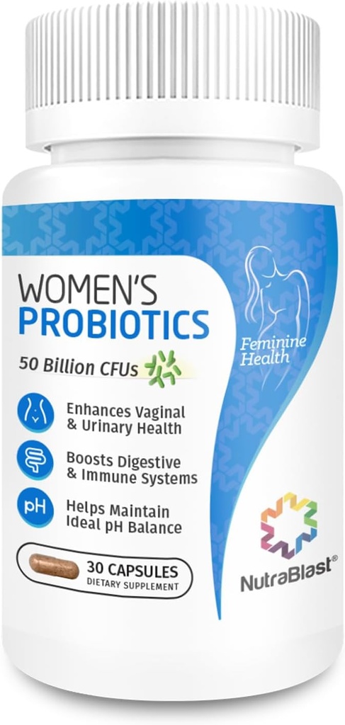 NutraBlast Vaginálne probiotiká pre ženy Digestívne, Intimate Balance, UT & Vaginálne zdravie - 50 miliárd CFU - 6 kmeňov, prebiotiká, extrakt z brusníc a manózy - ženy probiotické (30 počet)