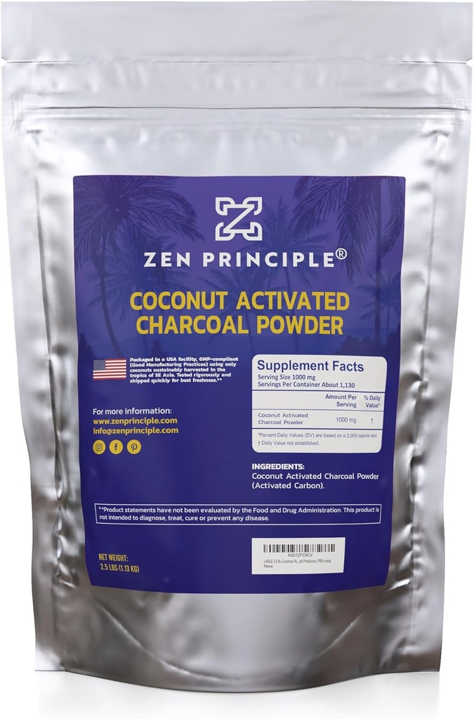 Zen Principal Coconut Activated Charcoal Powder. Whitens Zuby, omladzuje pokožku a vlasy, podporuje lepšie trávenie. USA-Vlastní výrobcovia, 2,5 lb