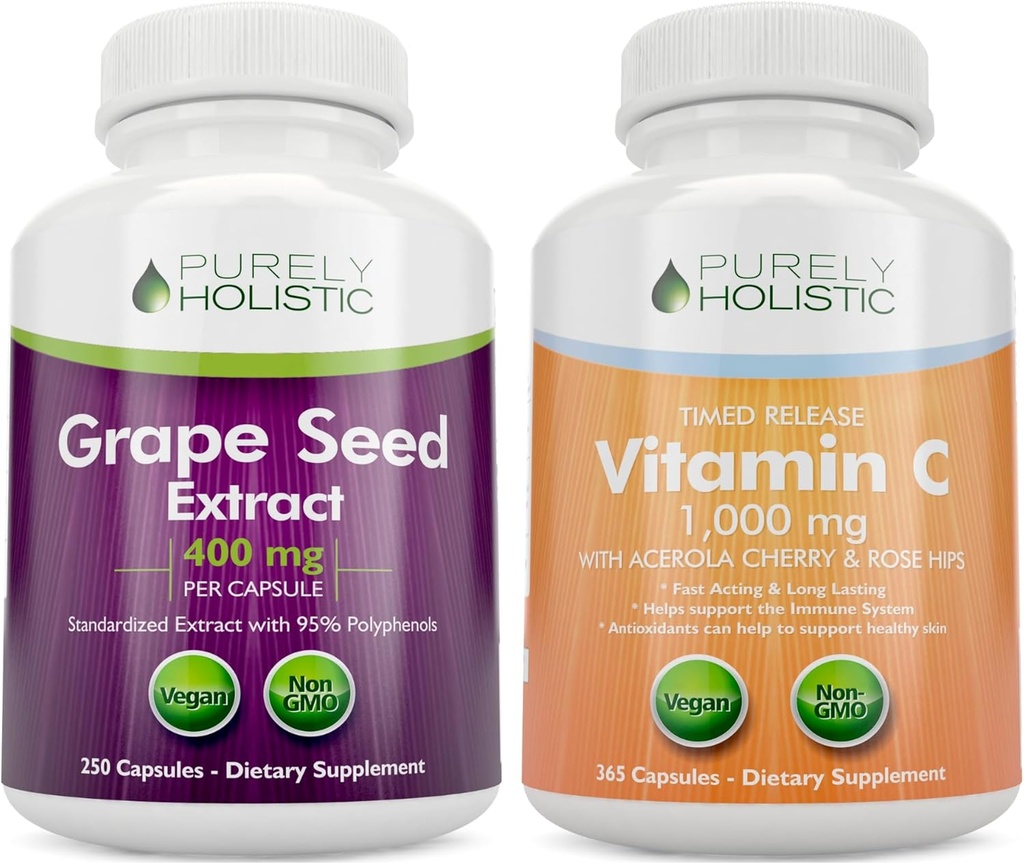 Čisto holistický extrakt z hroznového semena 400mg + vitamín C 1000mg Time Release Bundle - 615 Vegánske kapsule - vyrobené v USA