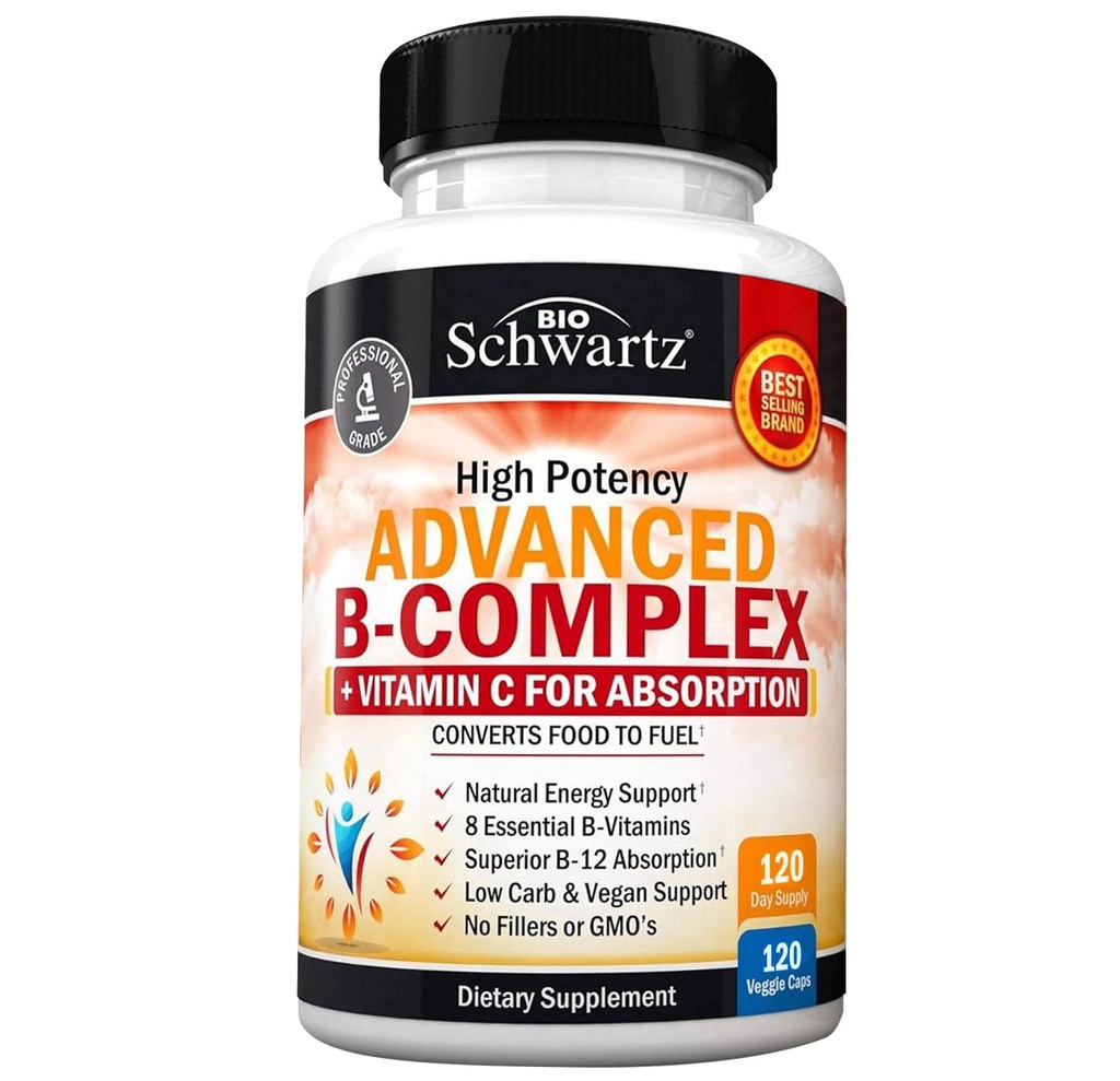 Vitamín B komplex s vitamínom C pre maximálnu absorpciu - Metylkobalamín b12 a folát kyselina listová Doplnkové - B1 B2 B3 B5 B6 B7 B9 pre imunitnú energiu a podporu nervového systému - non-GMO, 120 počet