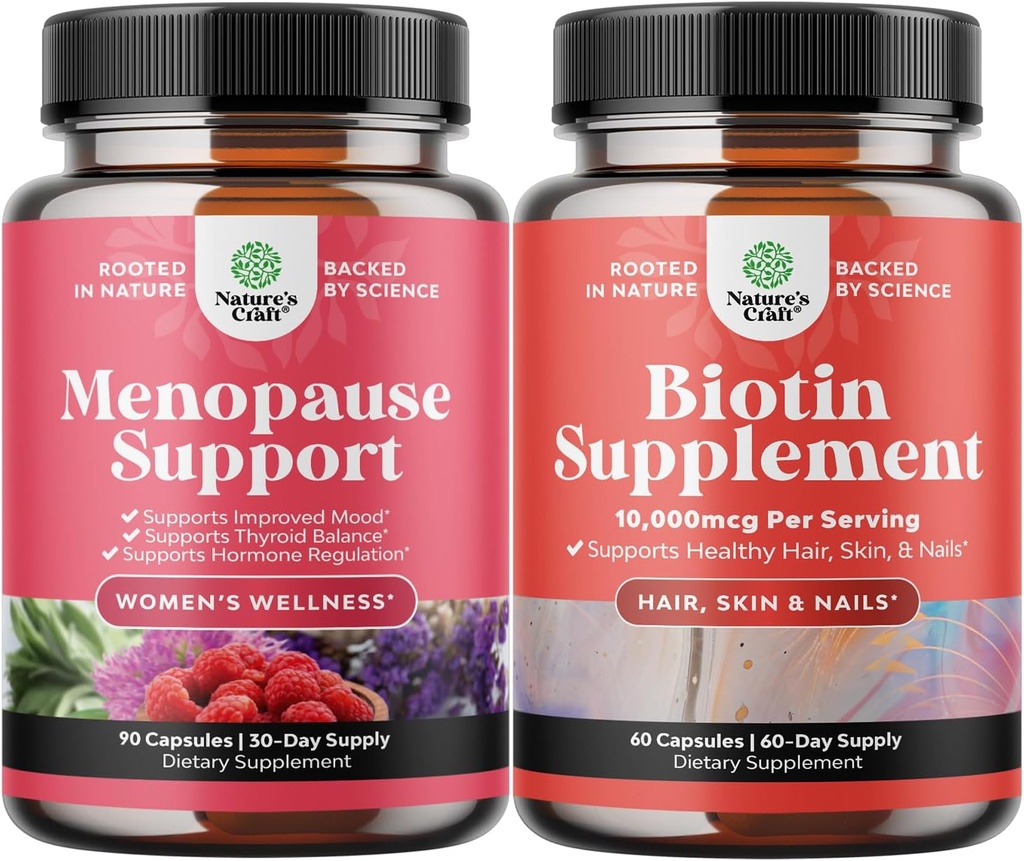 Bundle of Complete Herbal Menopauza Supplement for Night Poteats & Mood with Dong Quai Vitex Chaste Berry & Black Cohosh and Pure Biotin Pills for Shiny Thick Hair Growth - Získajte čisté kože silné nechty
