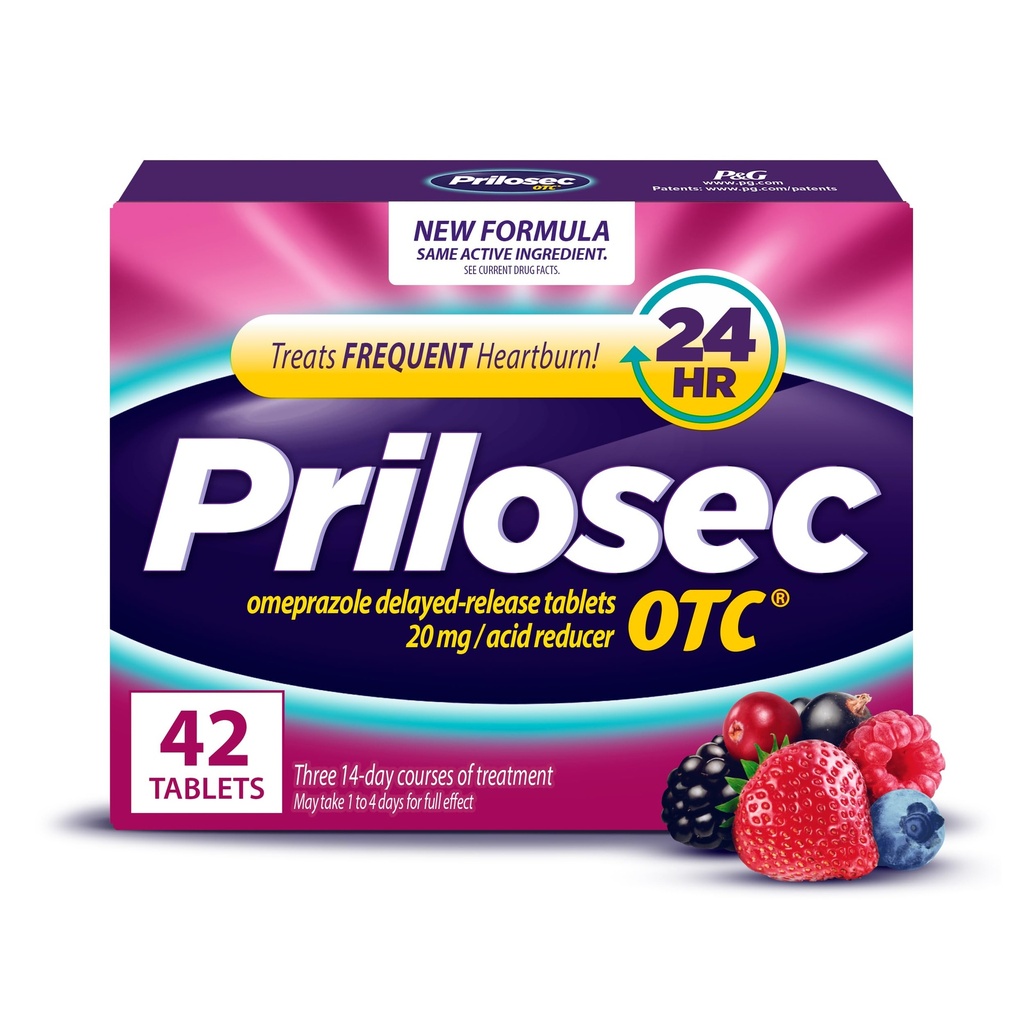 Prilosec OTC, Omeprazol Oneskorené vydanie 20mg, Kyseliny Redukcia, Liečebné časté pálenie záhy na 24 hodín Relief, All Day, All Night*, Heartburn Medicine, 20mg, Wildberry Flavor, 42 Tablety