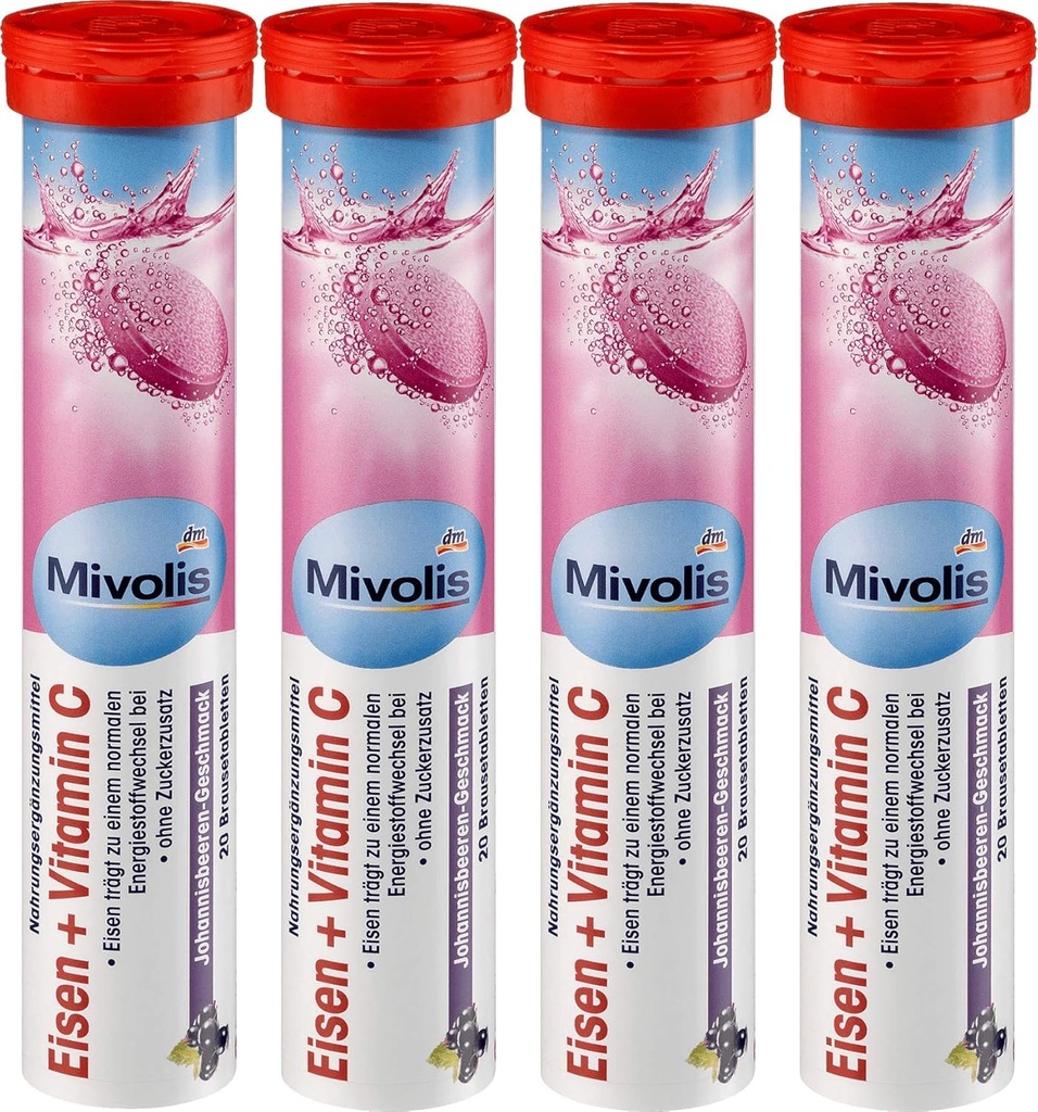 Mivolis Železo + Vitamín C šumivé tablety - Diétne doplnky 4 balenia x 20 ks Nemecko
