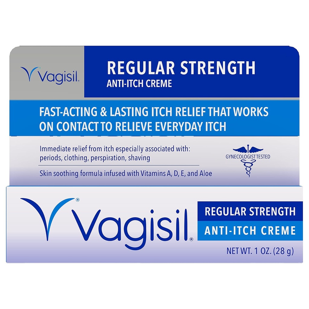 Vagisil Pravidelná sila proti svrbeniu Feminínový krém pre ženy, gynekológ testovaný, hypoalergénny, rýchlo pôsobiaci a dlhotrvajúci úľava svrbenie, vaginálny hydratačný krém upokojuje a chladí, 1 oz (Pack of 1)