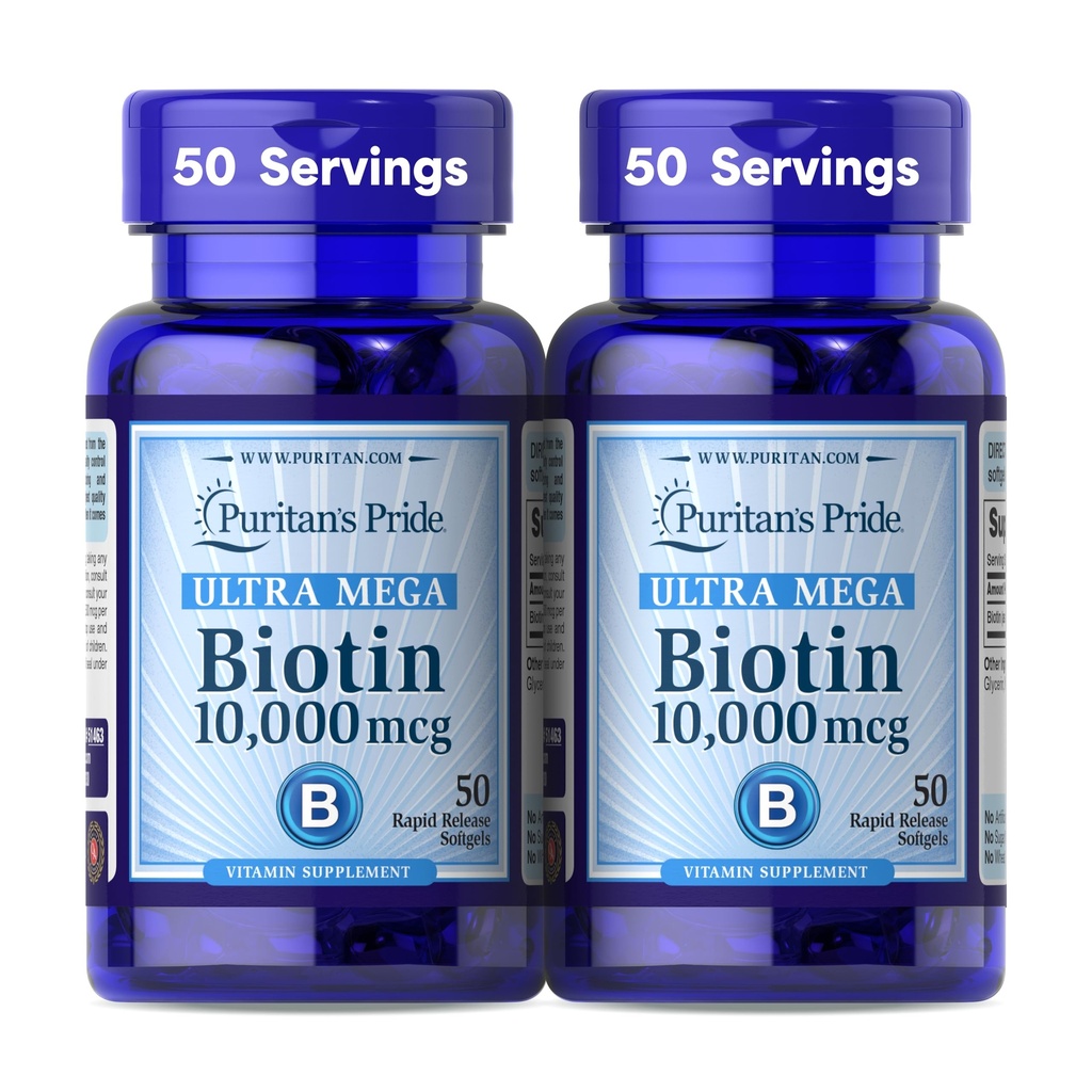 Puritan's Pride Premium Ultra Mega Biotin 10 000mcg, Dietary Supplement for Healthy Hair, Skin, Nails, and Energy Metabolisation Support, 100 Day Supply, 50 Rýchle vydanie Softgels, 2 balenie