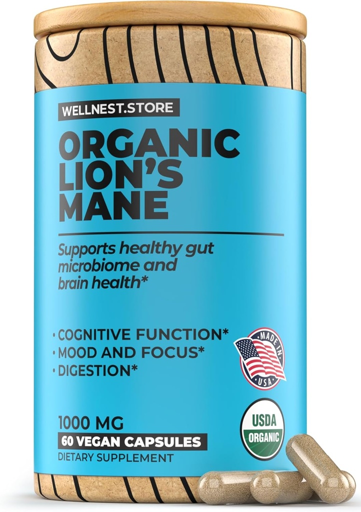 Lions Mane Mushroom Organic Supplement (Hericium Extract) 60 Veggie Caps - Immune Suplement; Zlepšiť kognitívne funkcie + podporovať vitality, chrániť nervé bunky