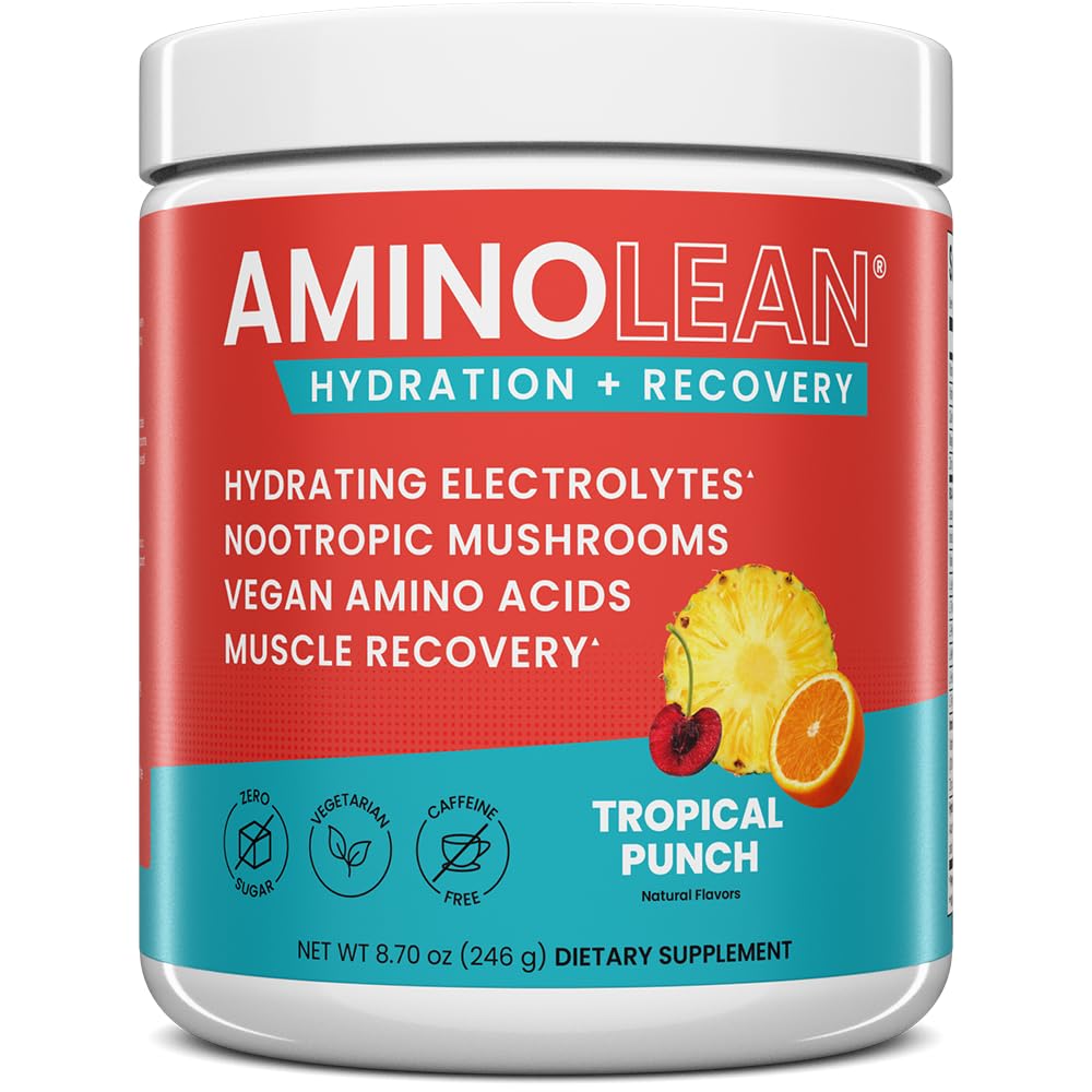 AminoLean Hydrating Electrolyte Powder and Recovery Drink with Sea Minerals, Nootropic Huby, and Vegan Amino Acids, BCAAs + EAAs for Post Workout Muscle Building, Tropical Punch