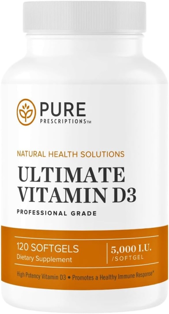 Čisté predpisy Ultimate Vitamín D3-5,000 IU - Vysoká absorpcia Vitamín D doplnok na podporu zdravé kosti s imunitným systémom & Kardiovaskulárna podpora - 120 Softgels - USA Made
