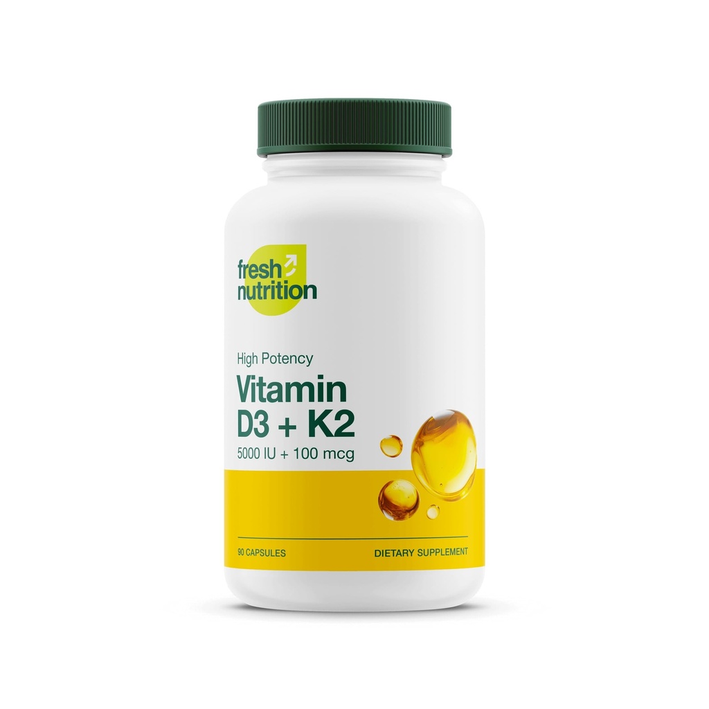 Fresh Nutrition Vegan Vitamín D3 + K2 Kapsule - 5000 IU D3 + 100 μg K2 ako MK-7 pre Optimal Absorpcia - Immune Health, Bone Health, Mood - Non GMO - 90 Kapsule, 3 mesiace