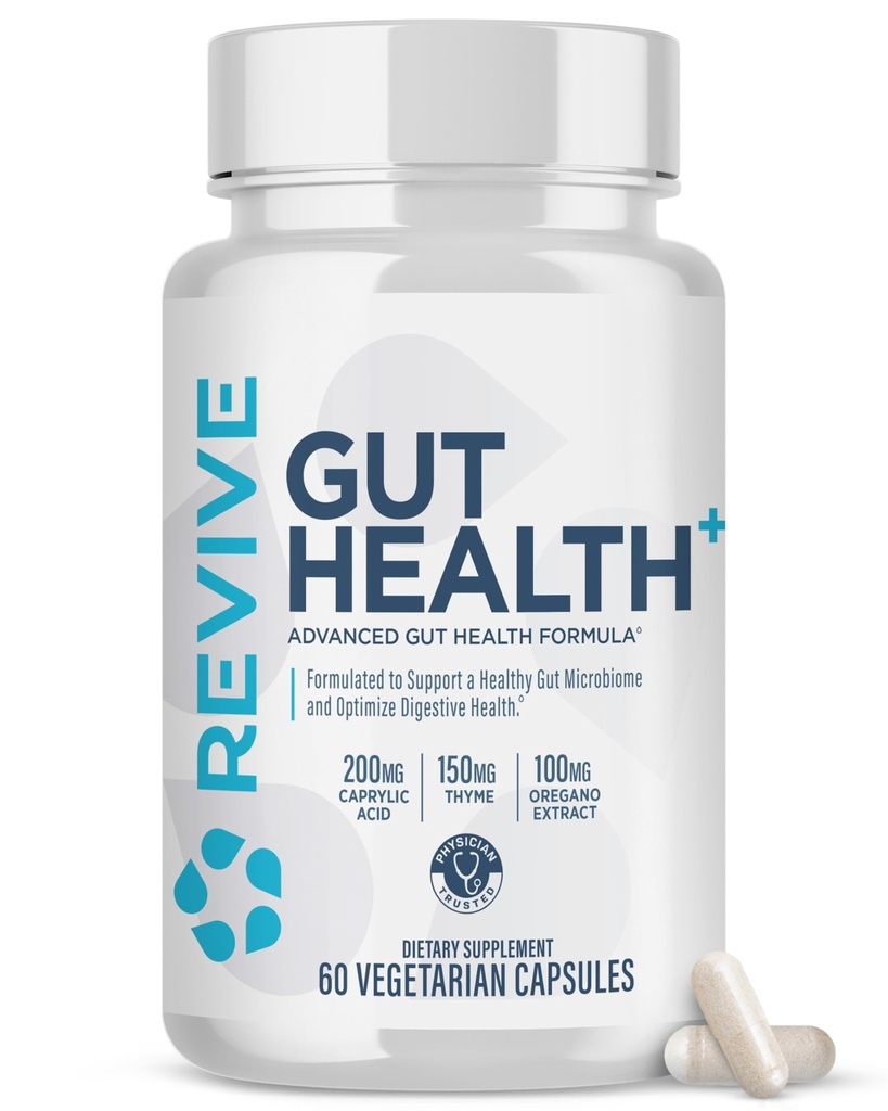Revive MD Gut zdravotné doplnky pre mužov a ženy - Daily Gut Repair & Digestive Health Support Formula s thyme, Oregano & Milk Thitle - Vegan-Friendly, Gluten-Free - 60 Vegetariánske kapsule
