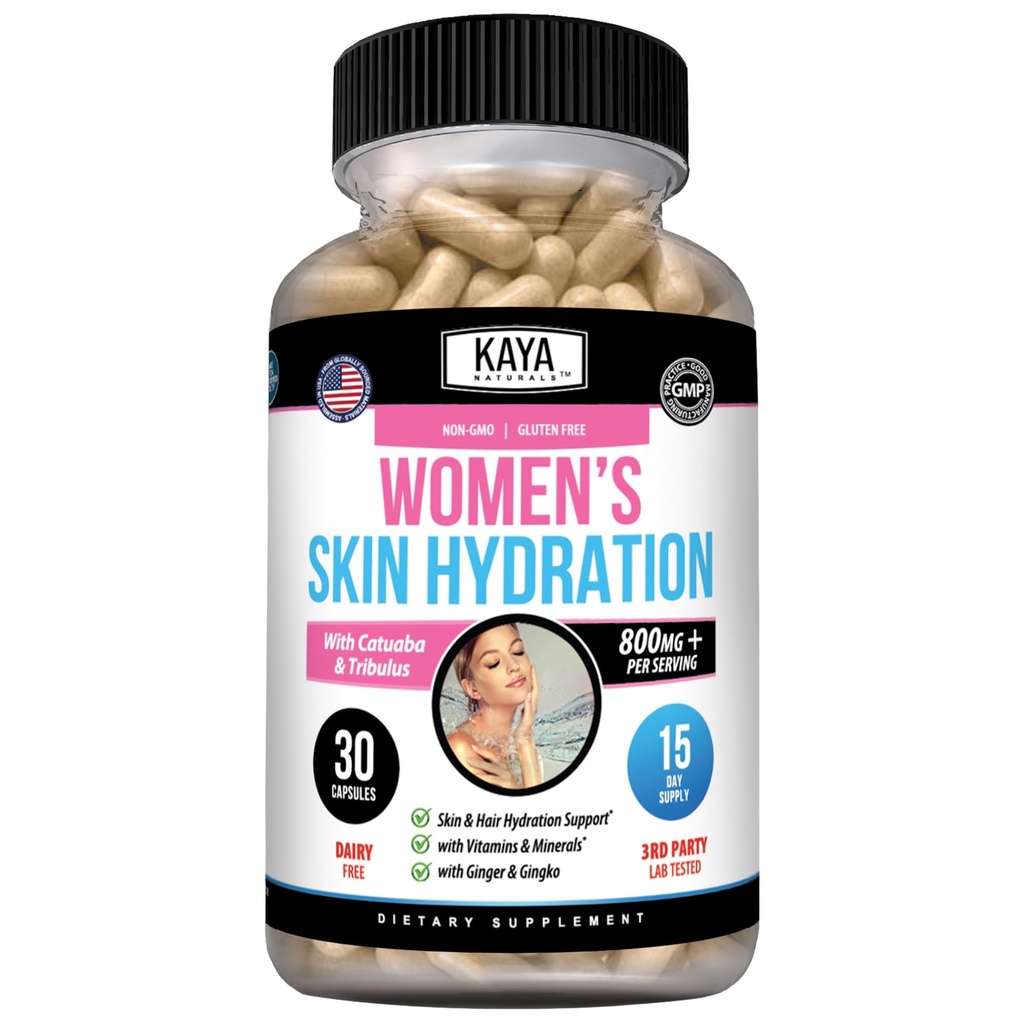 Kaya Naturals Hydratácia kože Vitamíny - Ženské pilulky - Kapsule pre zvýšenie kože - Hydratácia Booster pre ženy - Podporuje zvýšenú energiu, Mood & Výdrž - Zníženie suchosti - 30 Veggie Kapsule
