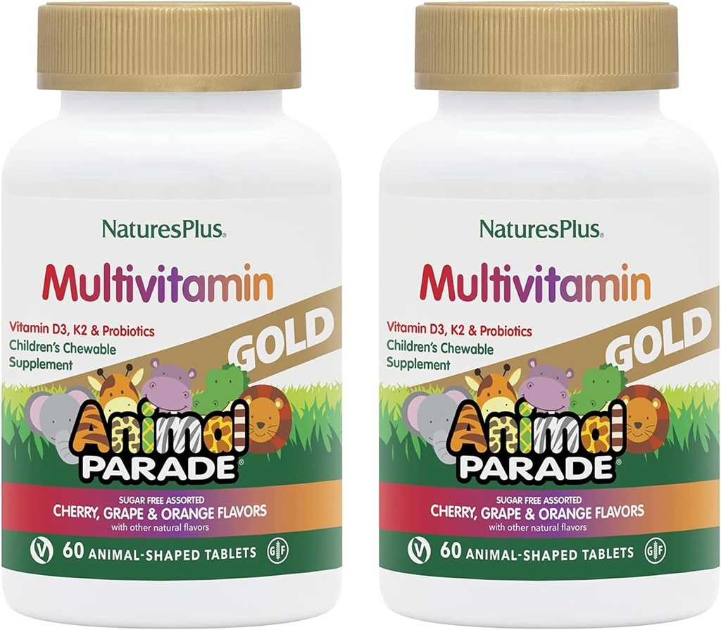 NaturesPlus Animal Parade Gold Detské multivitamíny - rozmanité Cherry, Orange & Grape flavors - 60 žuvacie tablety, balenie 2 - Vegetarián, bez lepku - 60 Celkové služby