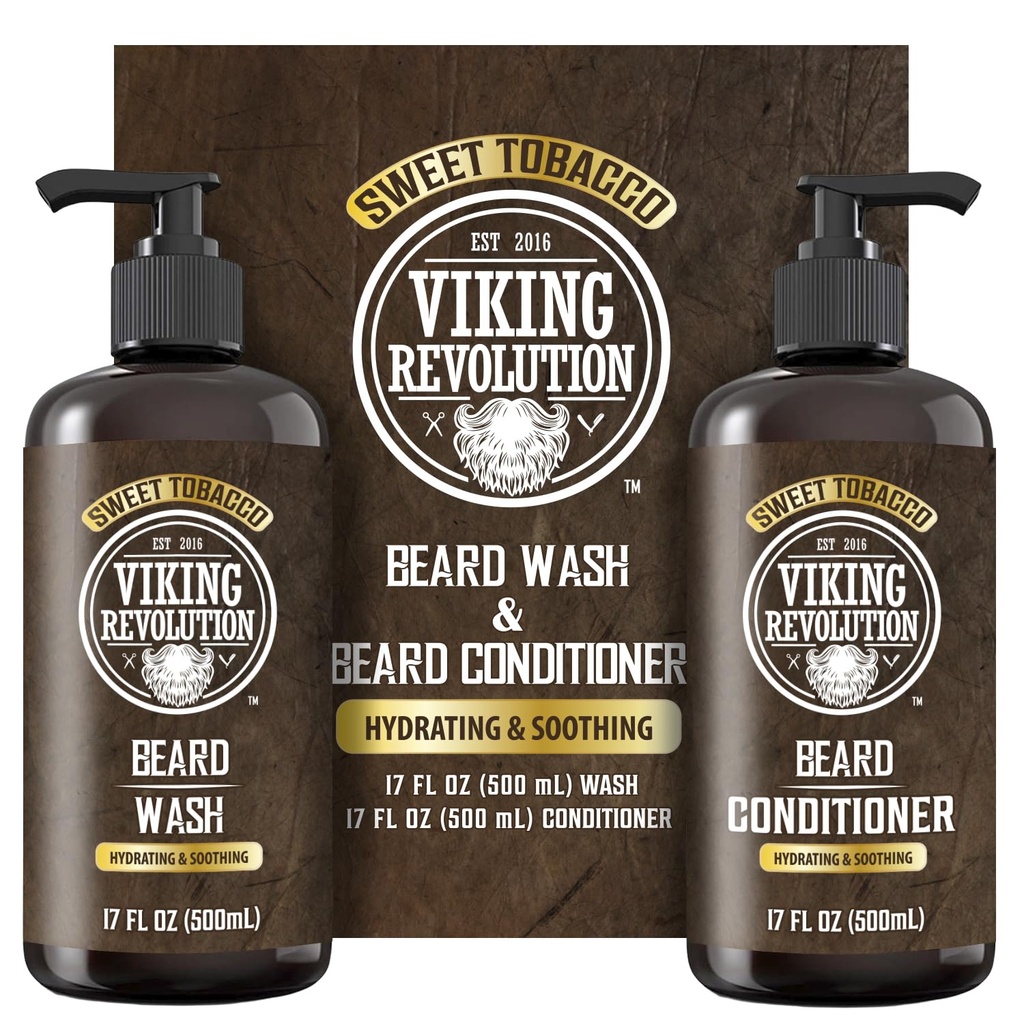 Viking Revolution Beard Wash and Beard Conditioner pre mužov s arganovým olejom a jojobovým olejom - Zmäkčovač a spevňovač medvedí šampón a kondicionér s medvedím olejom (17oz, sladký tabak)