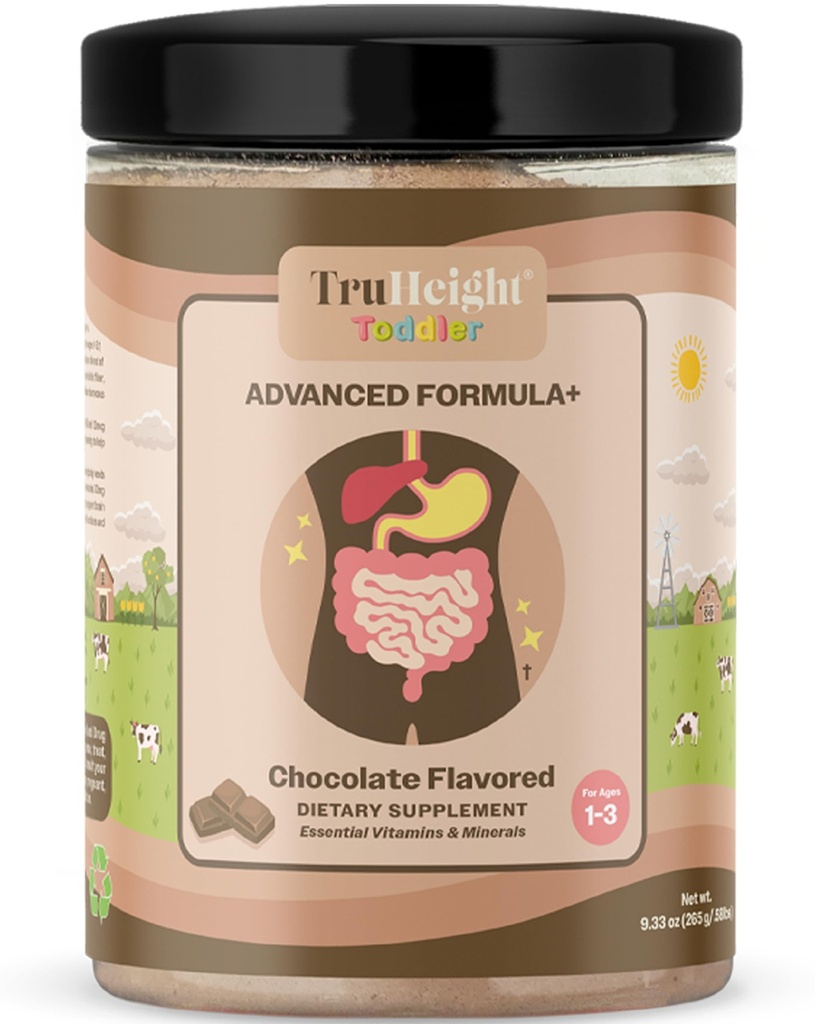 TruHeight Batoľa Advanced Formula+ (Chocolate) 16 Vitamíny vrátane C, D, Bielkoviny a železo pre 1, 2, 3 roky, Mlieko na báze nutričného nápoja, Batoľa Kompletná výživa 12 - 36 mesiacov - Negeneticky