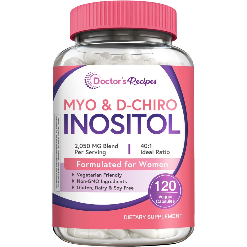 Lekár recepty Inozitol Supplement, Myo-Inozitol & D-Chiro Inozitol Kapsule 2050mg per Serving, Ideal 40:1 Blend, Hormone Balance for Women, Ovarial Function & Fertility Support, 120 Vegan Caps
