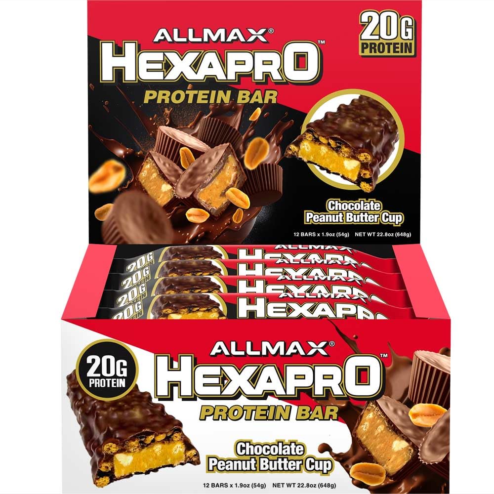 ALLMAX HEXAPRO PROTEIN BAR, čokoládový arašidový maslový pohár - balenie 12 - Vysokoproteínový energetický Snack - 20 g proteínu na bar - so srsťou proteín izolát