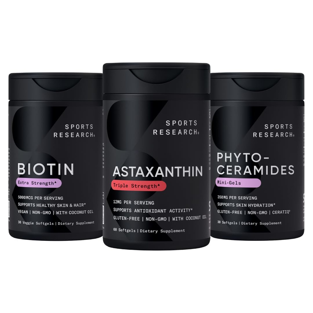 Športový výskum® Zdravá pleť a podpora vlasov - Vegan Biotin 10 000mcg s kokosovým olejom, Triple sila Astaxantín 12mg, a Phytoceramides 350mg per Softgel · Non-GMO · Vegan · Gluten-free