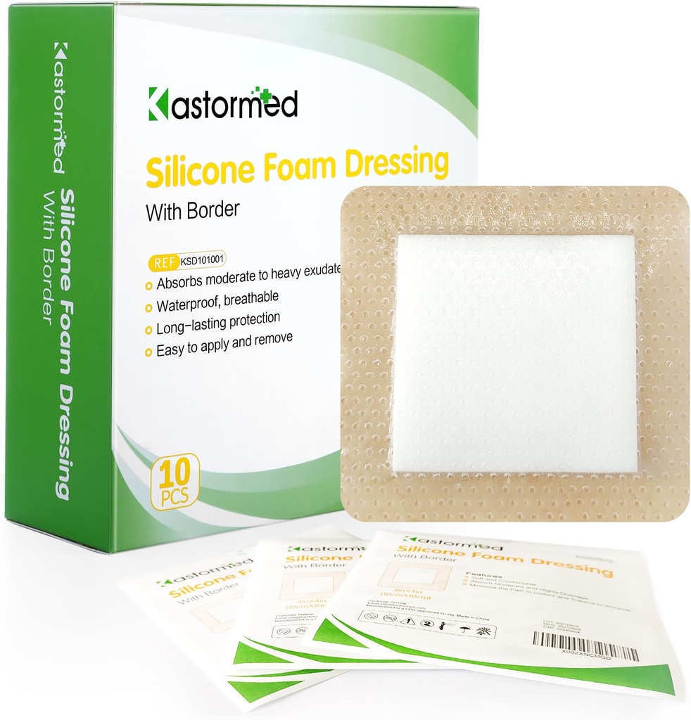 kastormed Silikónová adhezívna pena oblečená jemným okrajom 4'x4' "10 balenia, vysoká absorbencia pena rana Bed Sore, Leg Ulcer, Diabetic Ulcer