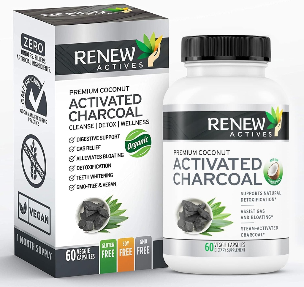 Renew Actives Aktivovaný Charcoal Supplement 1100MG per 2 Kapsule - Digestive Support & Teeth Whitening Formula, žiadne umelé zložky - Made in Canada - 60 Kapsule
