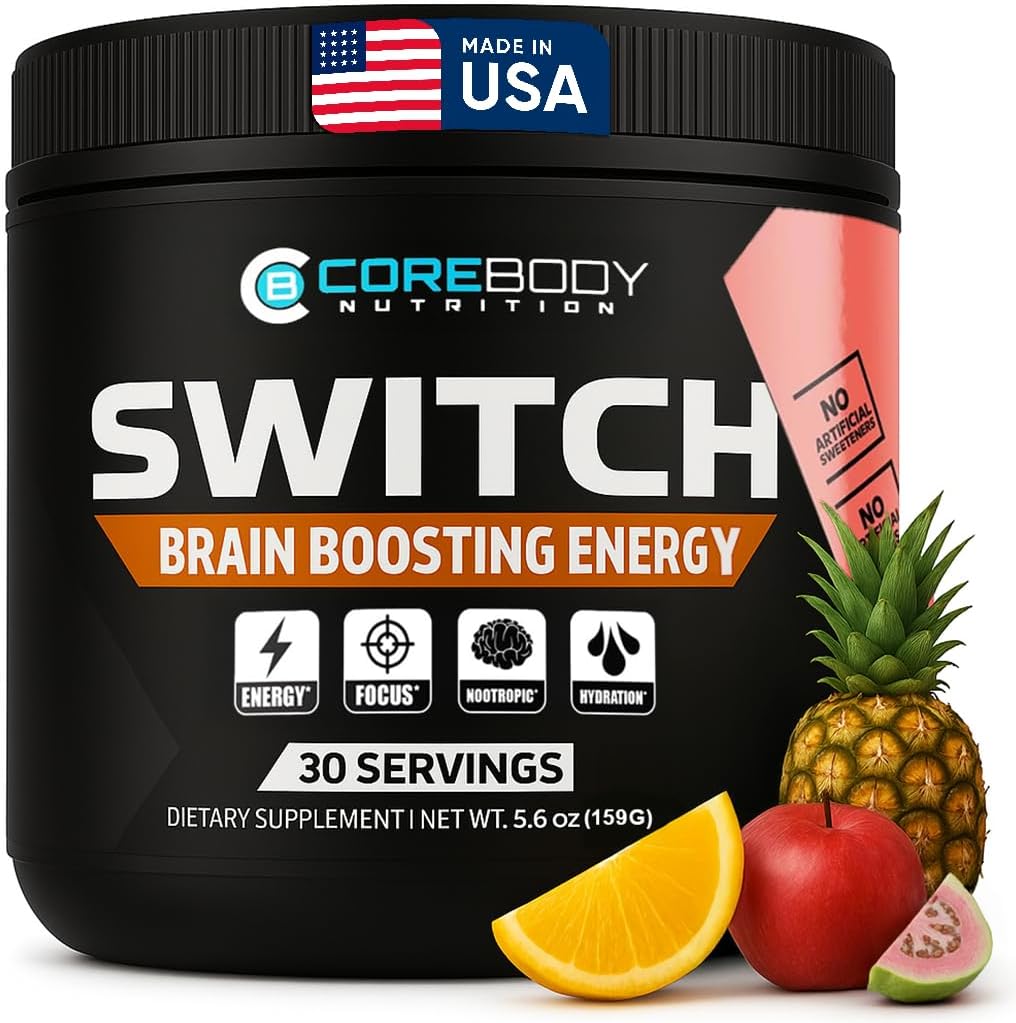 CoreBody Switch Energy Drink Mix -Nootropics Brain Suplement for Memory & Focus, Sugar Free Energy Booster with Nootropics, Alpha GPC, All Day Focus* (Tropical Punch)