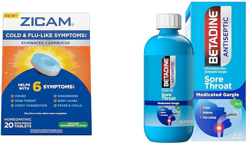 Zicam Cold Symptómy Relief s Betadine Sore Throat Gargle, Echinacea & Sambucus Homeopatické tablety, 20 gróf & 8 FL OZ