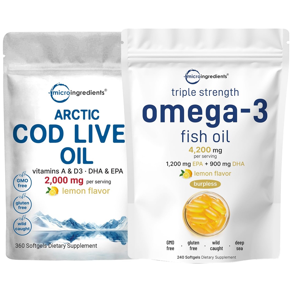 Triple Strength Omega 3 Fish Oil Doplnky 4200mg Per Serving & Cod Liver Oil 2,000mg Per Serving, 360 Softgels 